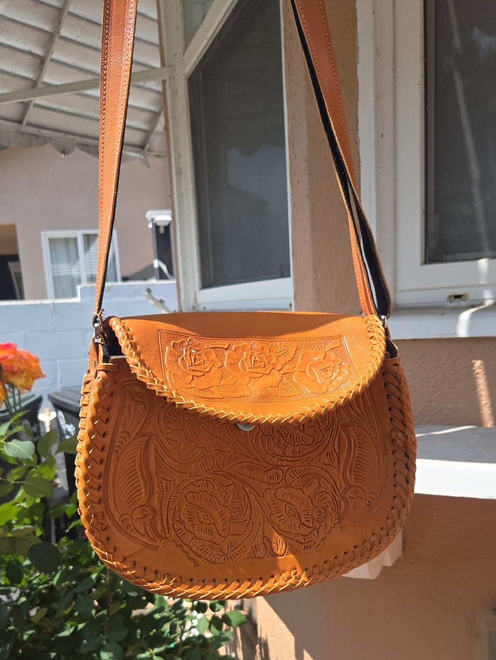 Hand-Tooled Leather Saddle Bag in Tan